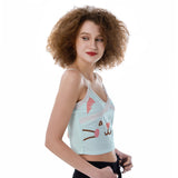 Kawaii Heaven Women's Lace Camisole with Cute Cat Print, Pastel Kitty Crop Top for Summer