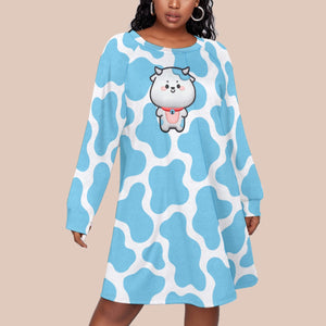 Kawaii Heaven Dog Print Raglan Sleeve Dress - Blue Abstract Plus Size Long Sleeve Shirt Dress