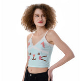 Kawaii Heaven Women's Lace Camisole with Cute Cat Print, Pastel Kitty Crop Top for Summer