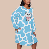 Kawaii Heaven Dog Print Raglan Sleeve Dress - Blue Abstract Plus Size Long Sleeve Shirt Dress