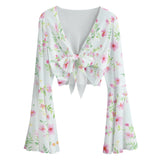 Kawaii Heaven Women's Mesh Lace-Up Bell Sleeve Blouse, Elegant Chic Summer Style