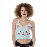 Kawaii Heaven Women's Lace Camisole with Cute Cat Print, Pastel Kitty Crop Top for Summer