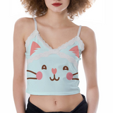 Kawaii Heaven Women's Lace Camisole with Cute Cat Print, Pastel Kitty Crop Top for Summer