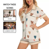 Women's Silky Heart Print Short Sleeve Pajama Set – Imitation Silk Sleepwear
