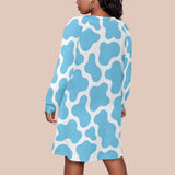 Kawaii Heaven Dog Print Raglan Sleeve Dress - Blue Abstract Plus Size Long Sleeve Shirt Dress