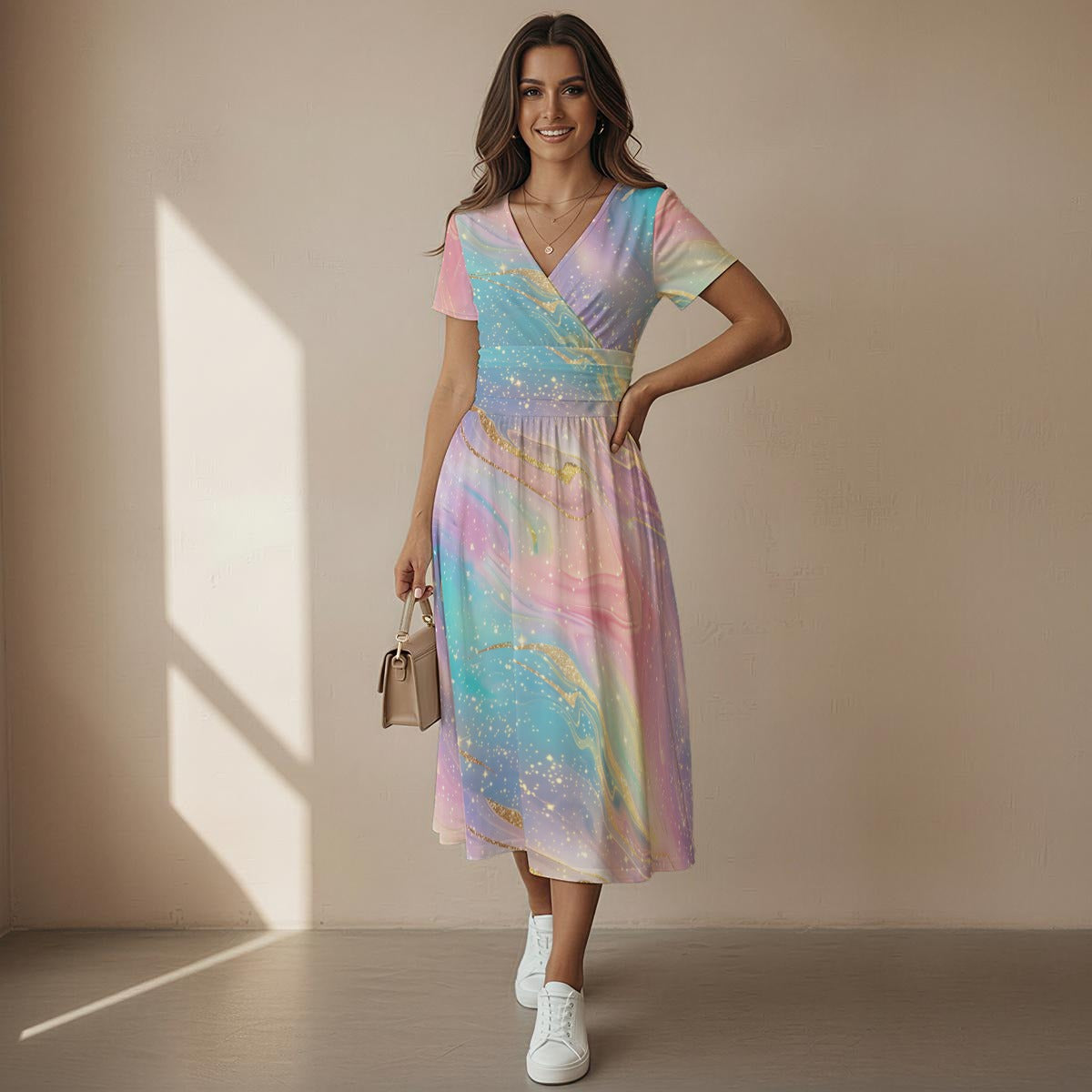 Pastel Rainbow Midi Dress – V Neck Elegant Summer Dress – Kawaii Heaven