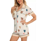 Women's Silky Heart Print Short Sleeve Pajama Set – Imitation Silk Sleepwear