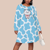 Kawaii Heaven Dog Print Raglan Sleeve Dress - Blue Abstract Plus Size Long Sleeve Shirt Dress