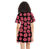 Red & Black Poppy Pattern Women's Short-Sleeve T-Shirt Dress – Heavyweight 225g