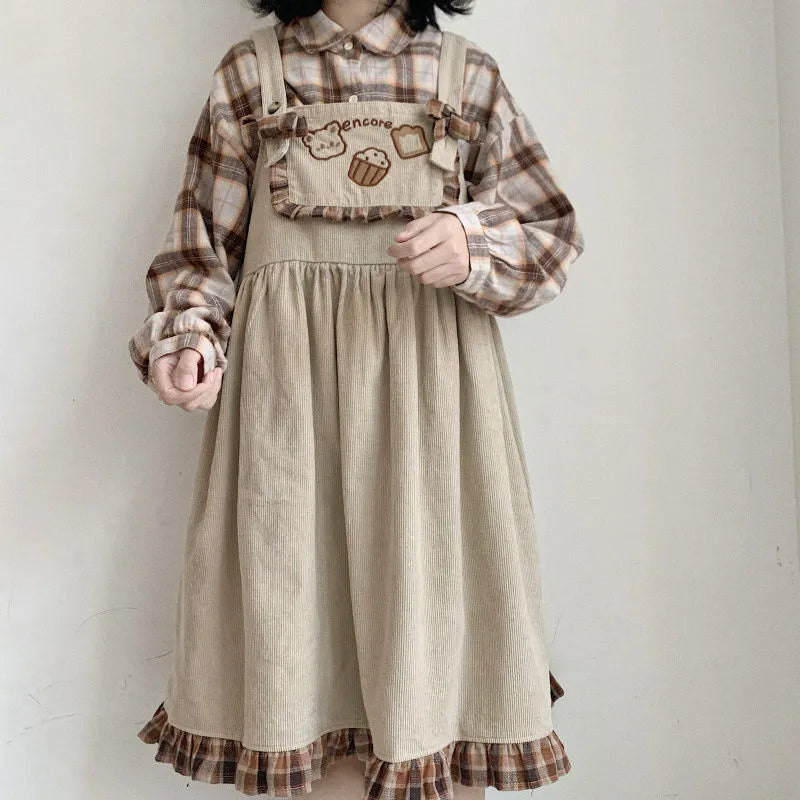 Lolita Cute Bear Corduroy Overall Dress Women Girls Sleeveless Vintage – Kawaii Heaven