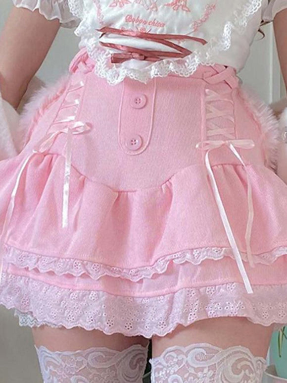 Lolita Style Sweet Pink Lace Trim High Waist Mini Skirt Women Harajuku Korean Tie Up Pleated Skirt Double Layer Cute
