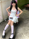 Kawaii White Dress Japanese Y2k Cat Face Embroidery Cute Spaghetti Strap Mini Dress Bow Patchwork Anime Sundress