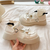 Sweet Lace Bowknot Lolita Shoes Women Heart Buckle Platform Mary Janes Woman Cute Thick Bottom Non-slip JK Shoes