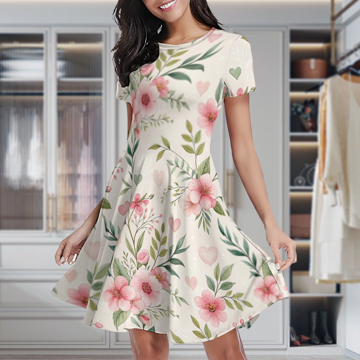 Floral A-Line Mini Dress – Pink Flower Short Sleeve Summer Dress – Kawaii Heaven