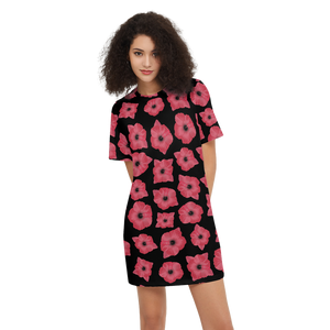 Red & Black Poppy Pattern Women's Short-Sleeve T-Shirt Dress – Heavyweight 225g