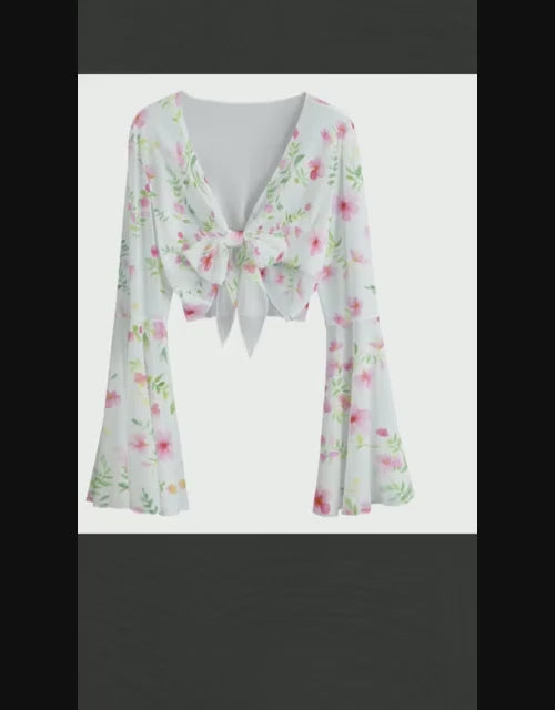 Kawaii Heaven Women's Mesh Lace-Up Bell Sleeve Blouse, Elegant Chic Summer Style