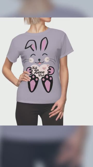 Kawaii Rabbit Face Women's Tee, Self Love Club, Cute Bunny T-Shirt, Graphic Print Shirt, Positive Vibes Clothing, Gift for Her