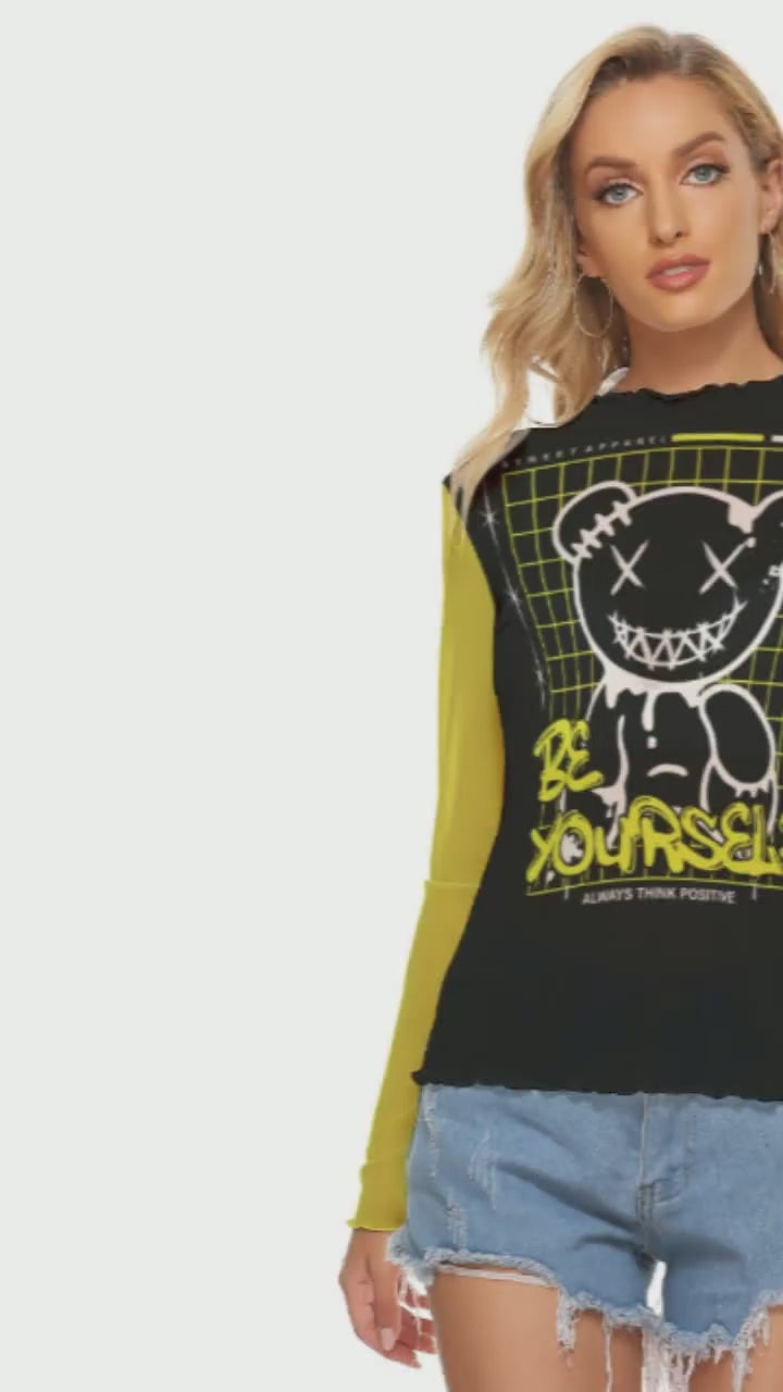 Kawaii Heaven Women's Mesh Long Sleeve Tee - Be Yourself Graphic Print