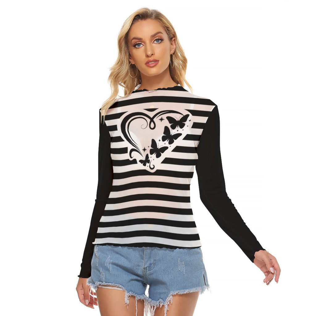 Black and White Striped Mesh Top – Women’s Butterfly Heart Long Sleeve
