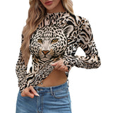 Leopard Face Mesh Top – Animal Print Long Sleeve Slim Fit Shirt
