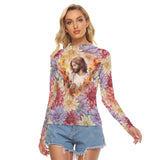 Floral Jesus Mesh Long Sleeve – Sheer Artistic Top with Spiritual Artwork