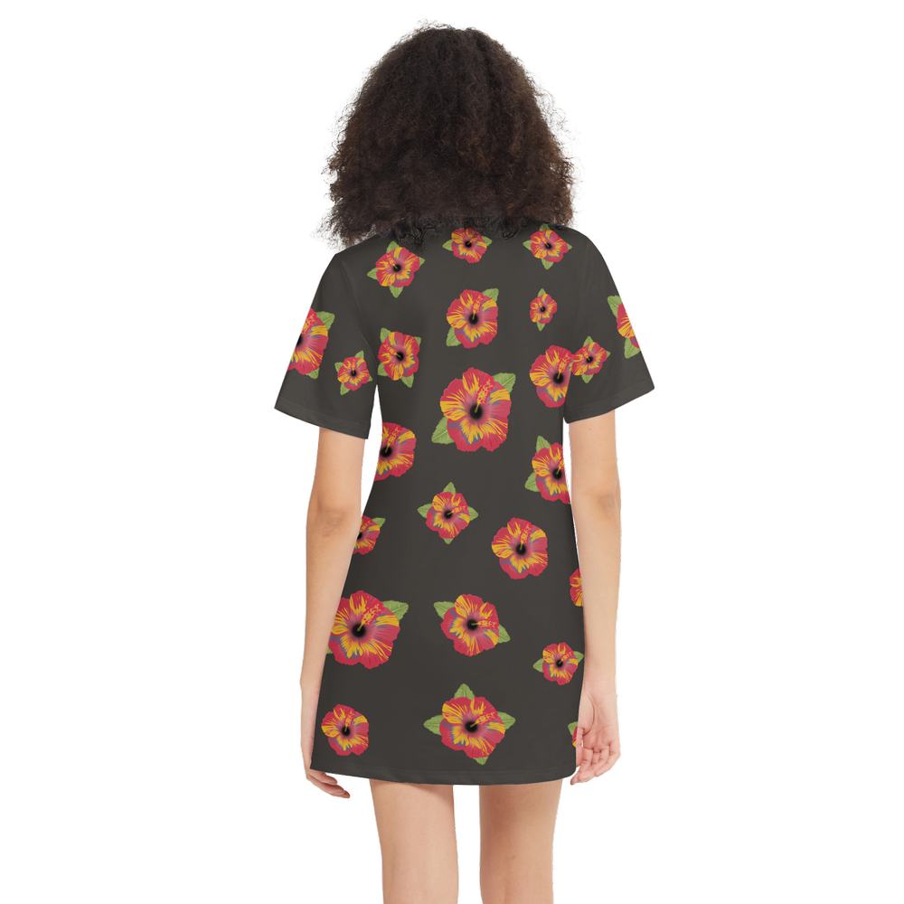 Poppy Flower Pattern Women's Short-Sleeve T-Shirt Dress-Heavyweight 225g
