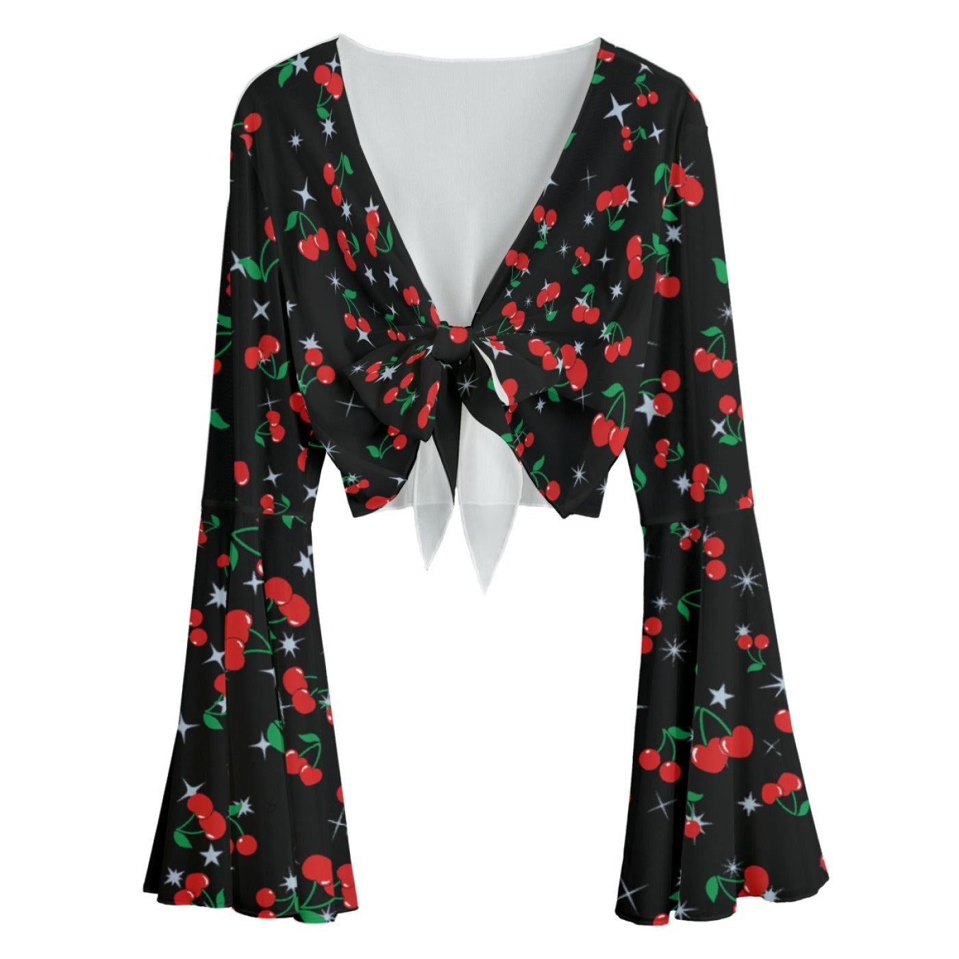 Cherry Print Mesh Tie Front Top – Sheer Bell Sleeve Blouse