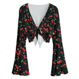 Cherry Print Mesh Tie Front Top – Sheer Bell Sleeve Blouse