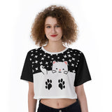 Cat Print Crop Top – Kawaii Star Pattern Short Sleeve T-Shirt