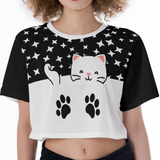 Cat Print Crop Top – Kawaii Star Pattern Short Sleeve T-Shirt
