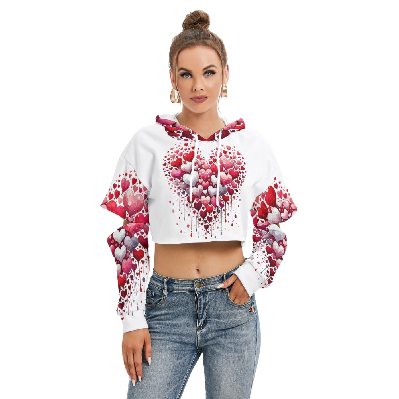 Heart Print Crop Hoodie – Cozy Cropped Hoodie with Drawstring