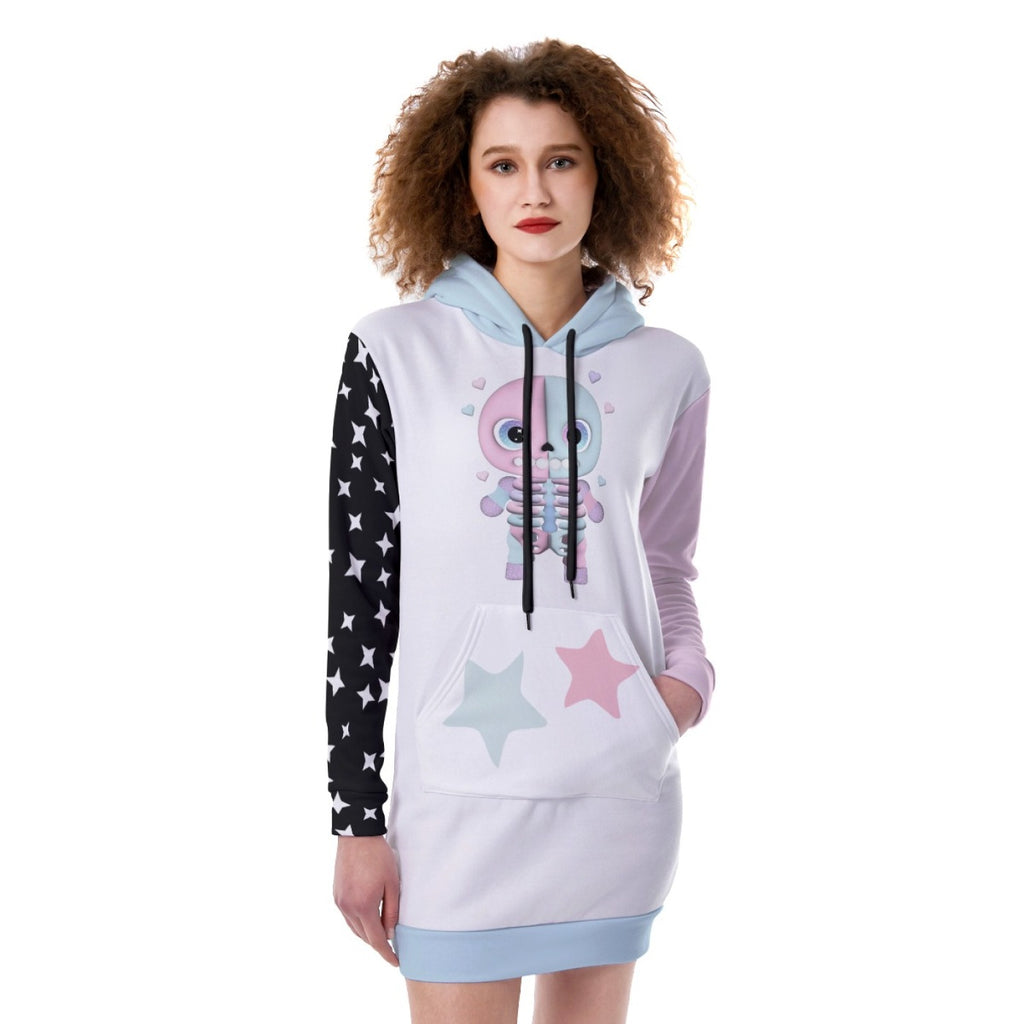 Kawaii Heaven Women's Heavy Fleece Long Hoodie with Pastel Skeleton & Star Print
