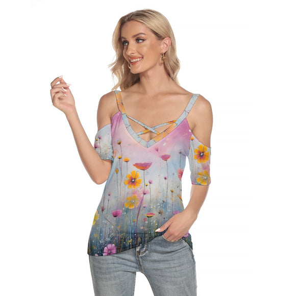 Kawaii Heaven Women's Floral Cold Shoulder Criss-Cross Tee - Summer Boho Top