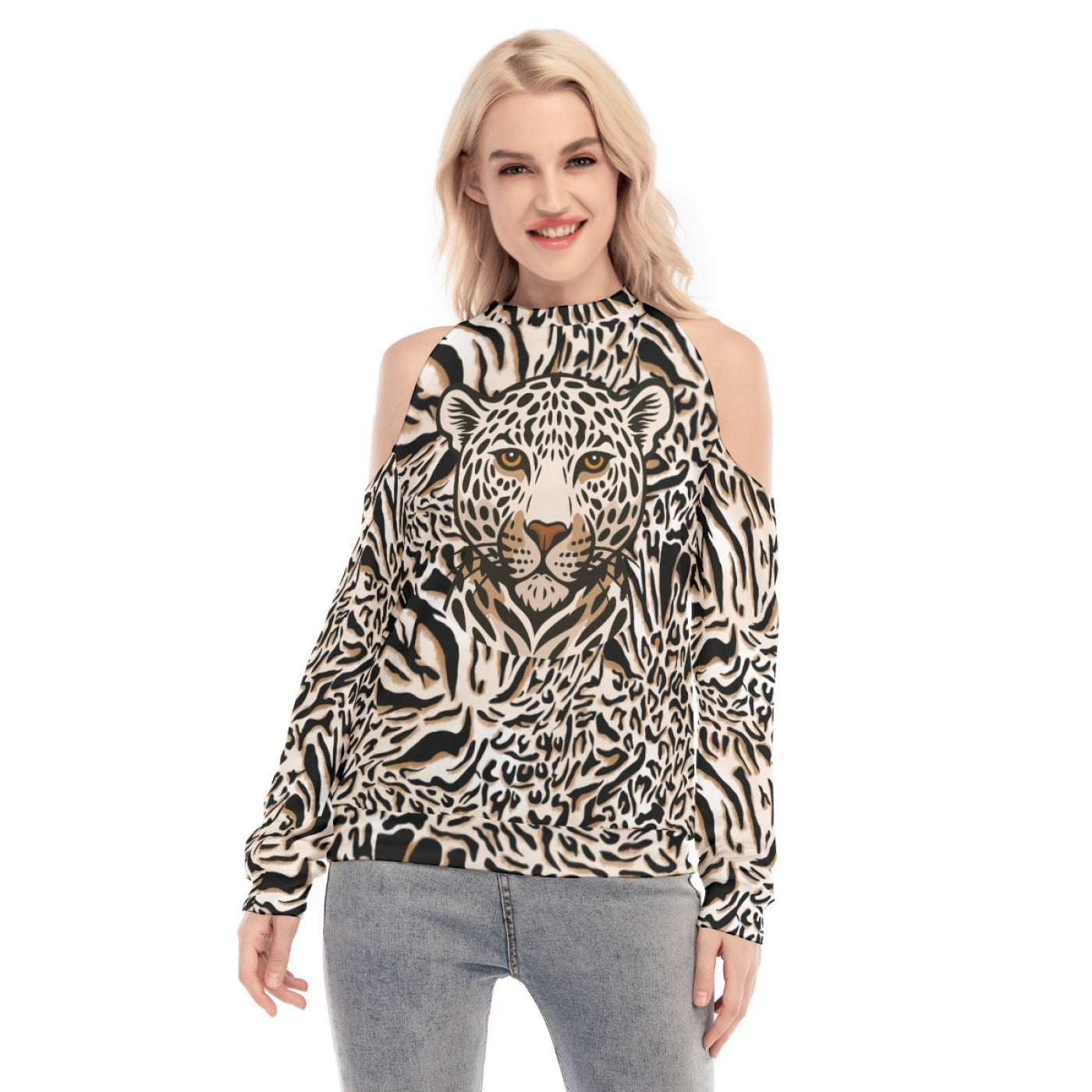 Leopard Cold Shoulder Sweatshirt – Animal Print High Neck Top for Women