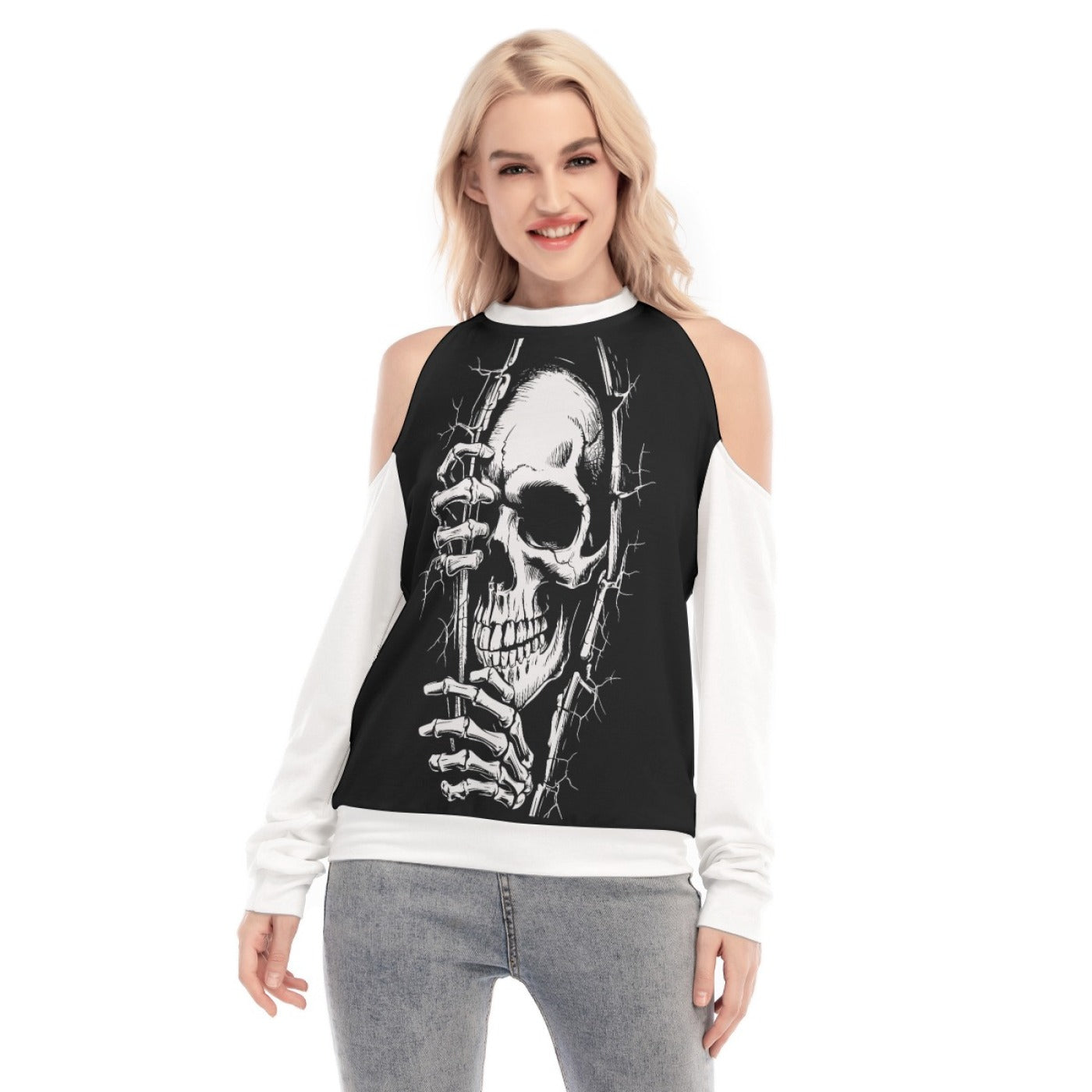 Women's Gothic Skull Cold Shoulder Sweatshirt – Cut-Out Long Sleeve Top