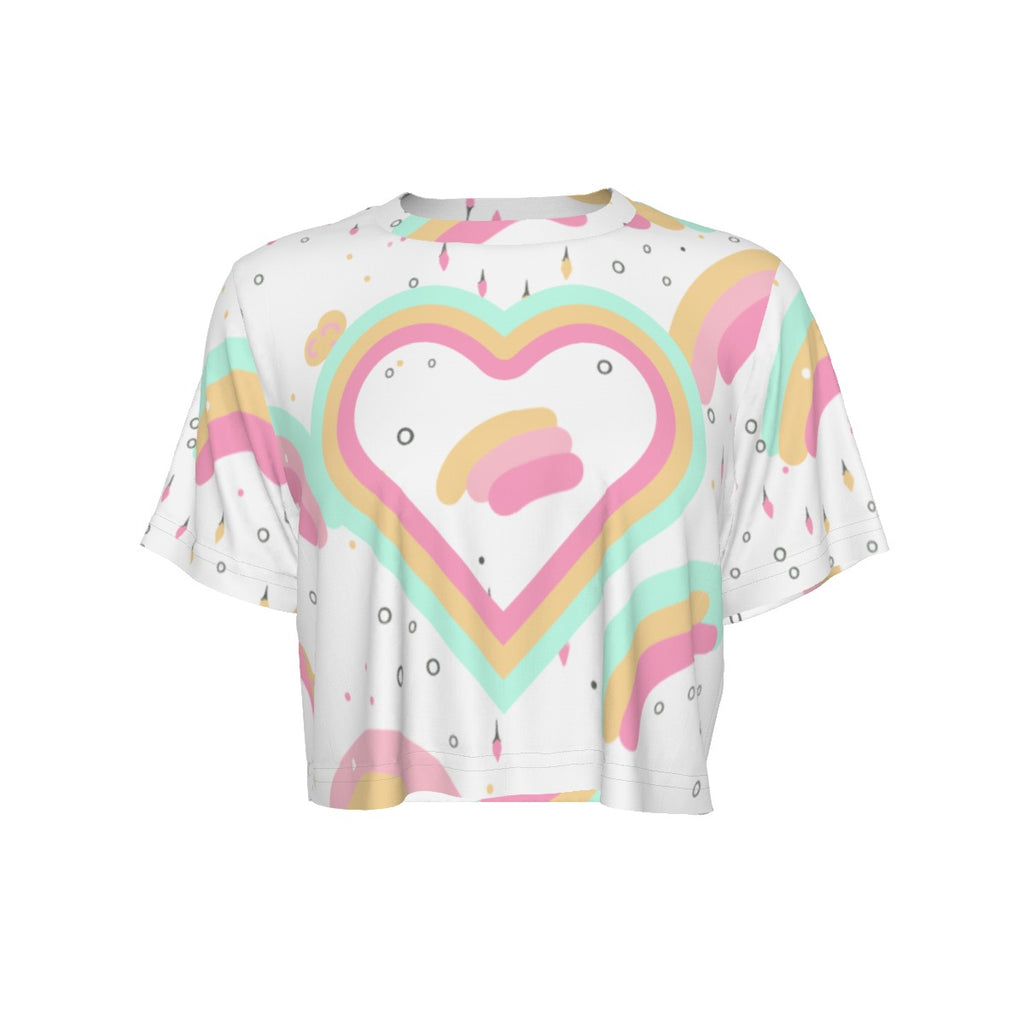 Kawaii Heaven Rainbow Heart Cropped T-Shirt - Cute Pastel Graphic Crop Top for Gym Yoga Outdoor Activities