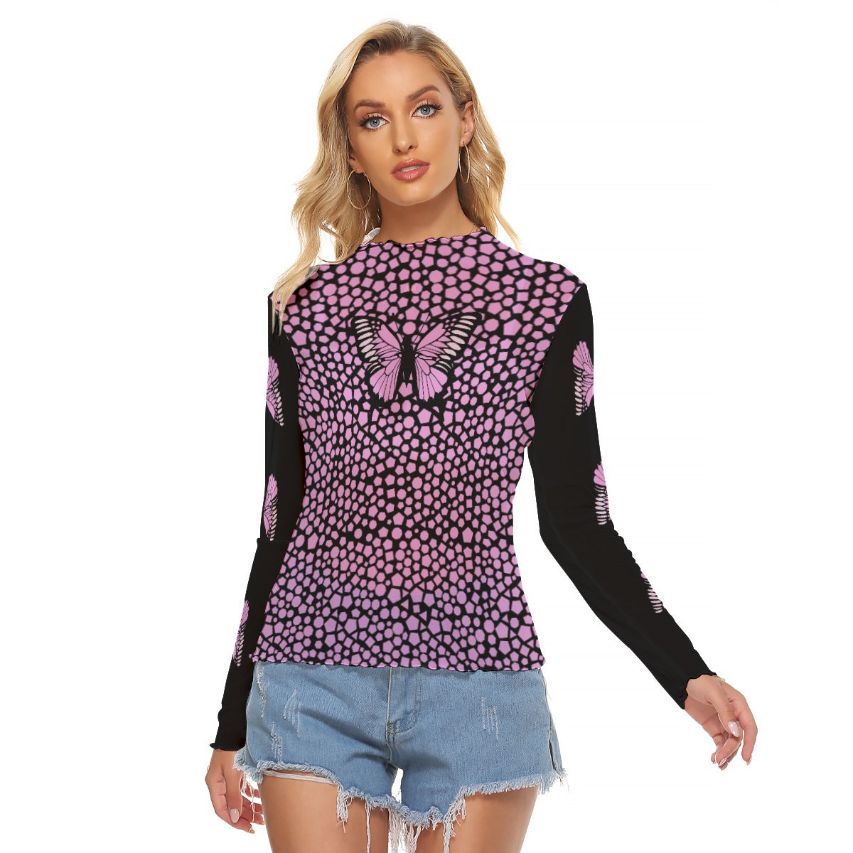 Kawaii Heaven Women's Mesh T-shirt - Pink Butterfly Mosaic Long Sleeve Crop Top