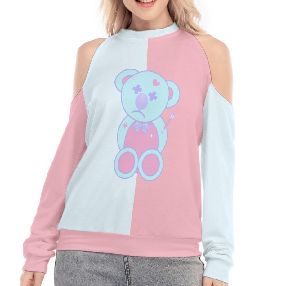 Pastel Teddy Cold Shoulder Sweatshirt – High Neck Cute Top
