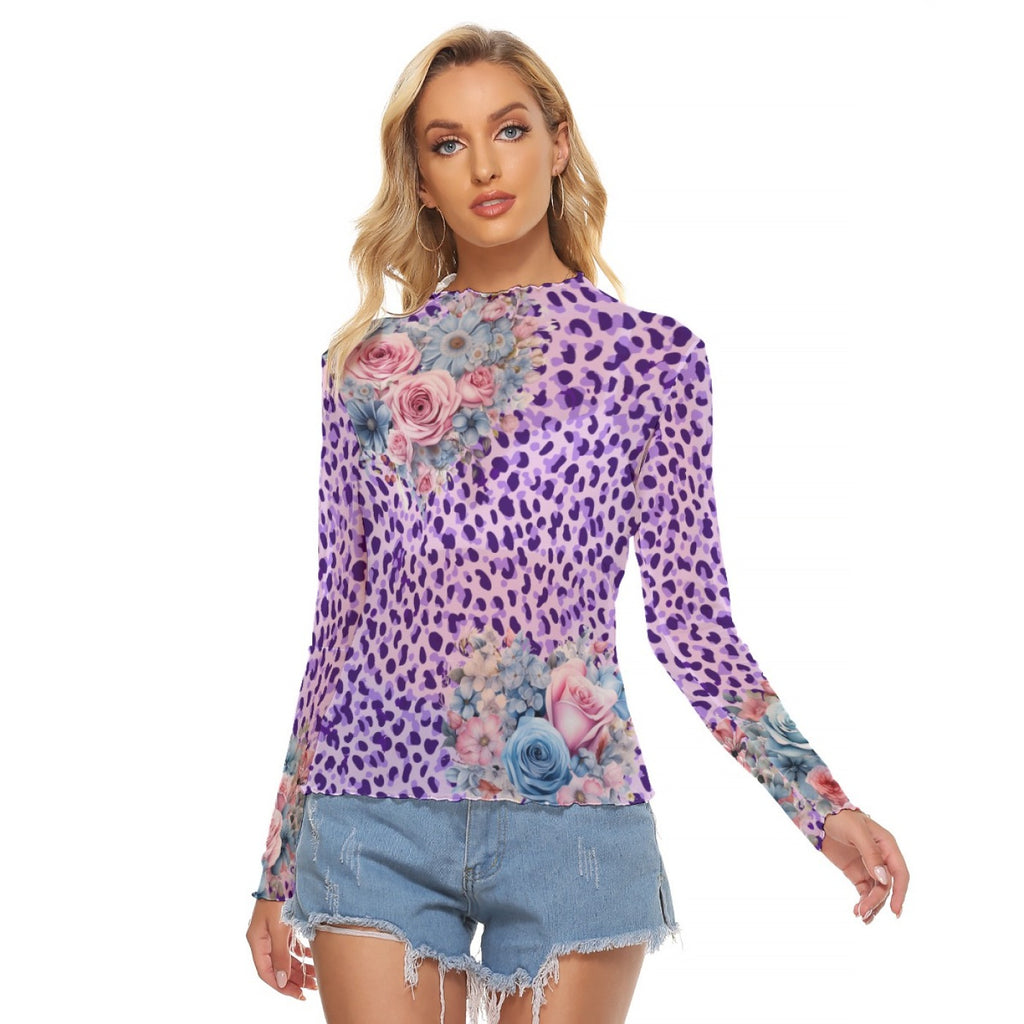 Purple Leopard Floral Mesh Long-Sleeve Top