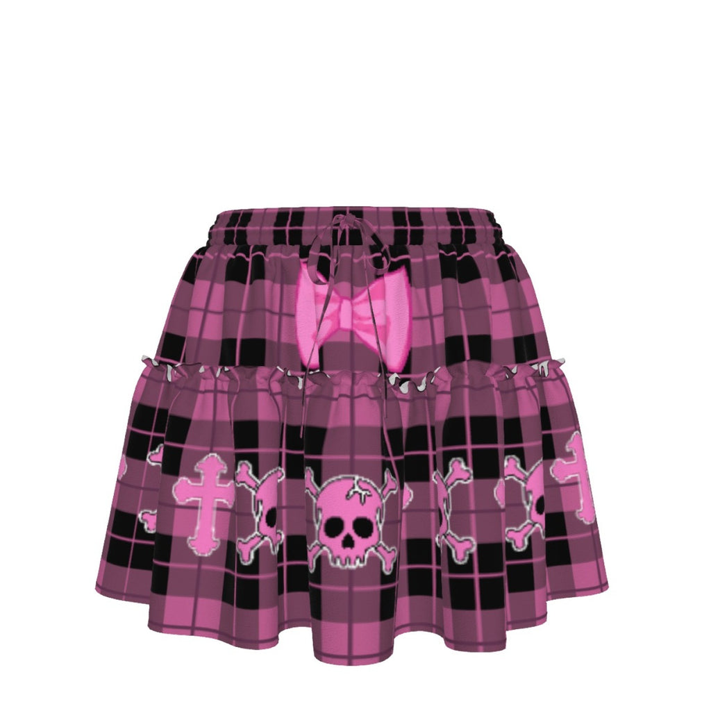 Pink Plaid Ruffle Mini Skirt – Gothic Skull Aesthetic Skater Skirt