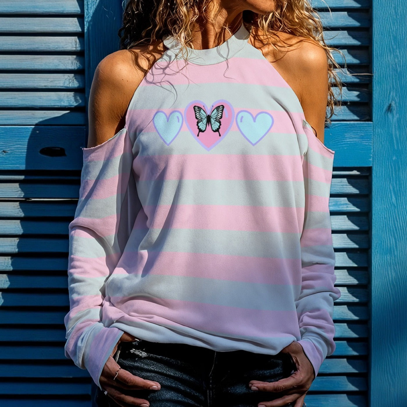 Pastel Butterfly Cold Shoulder Sweatshirt – High Neck Cute Top