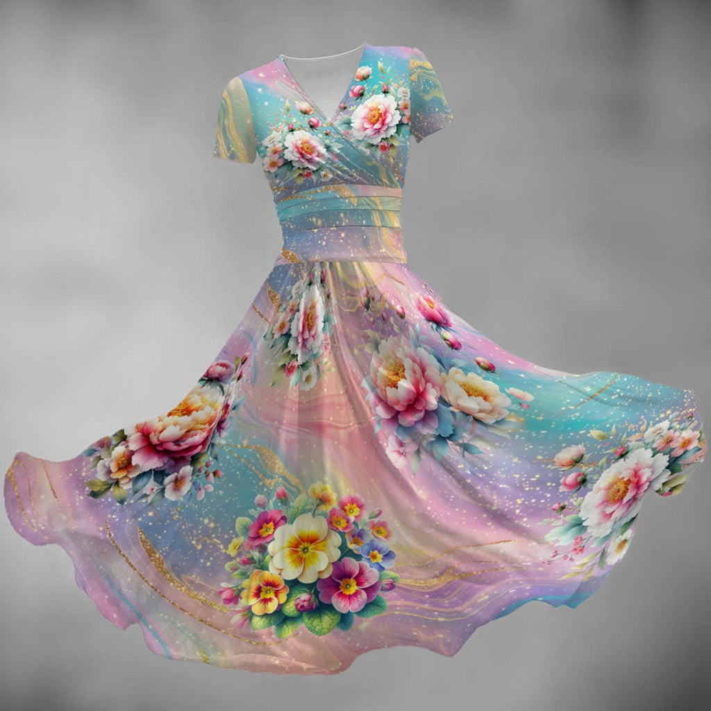Pastel Floral Midi Dress – Elegant V-Neck Fit & Flare Dress