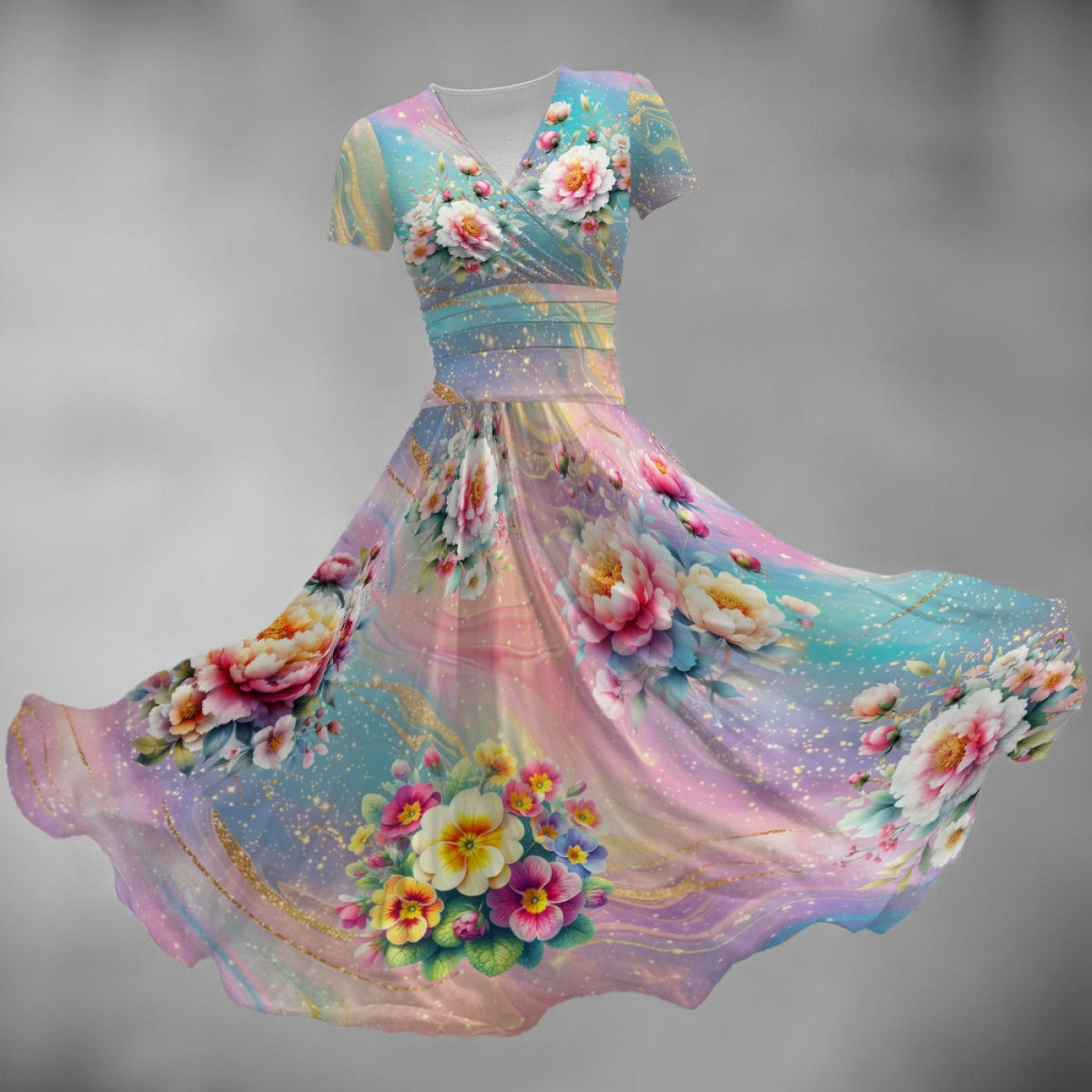 Pastel Floral Midi Dress – Elegant V-Neck Fit & Flare Dress