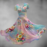 Pastel Floral Midi Dress – Elegant V-Neck Fit & Flare Dress