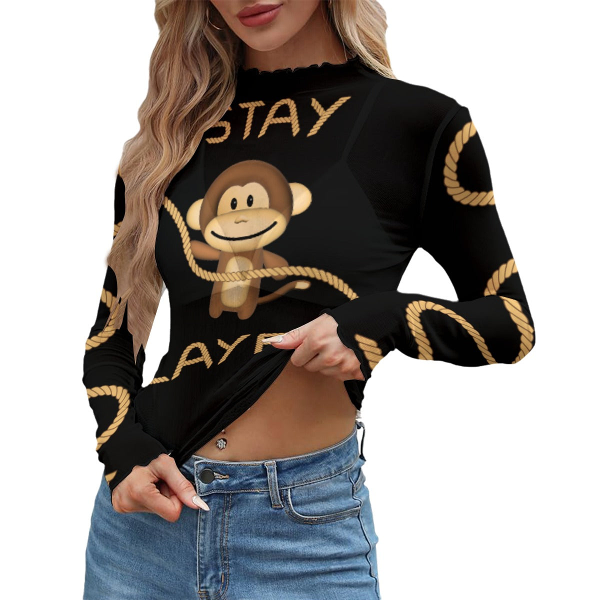 Playful Monkey Long Sleeve Top – Lightweight Mesh Feel with Fun Graphic