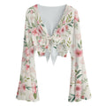 Floral Mesh Tie Front Top – Sheer Bell Sleeve Blouse