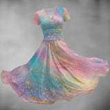 Pastel Rainbow Midi Dress – V Neck Elegant Summer Dress