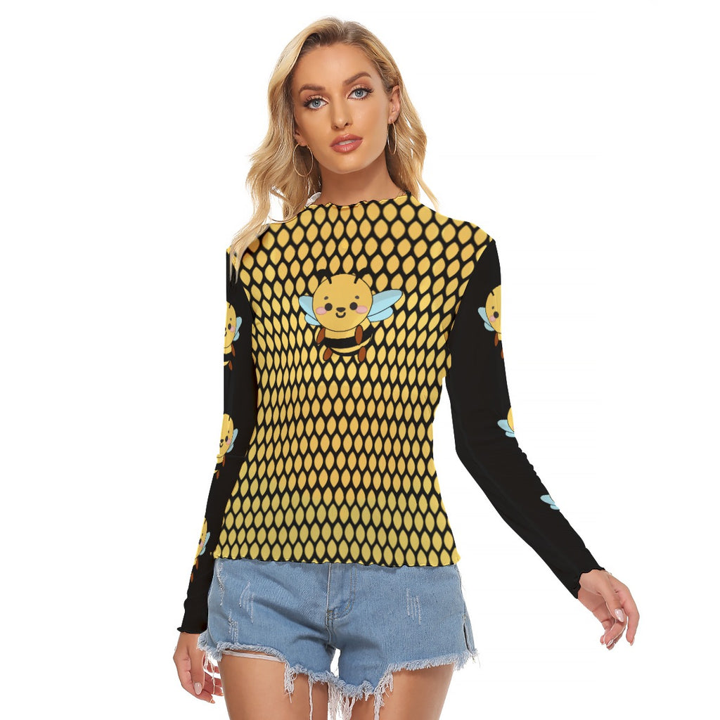 Women's Honeycomb Bee Mesh Long Sleeve Crop Top - Sexy Yellow Black Kawaii Aesthetic Shirt