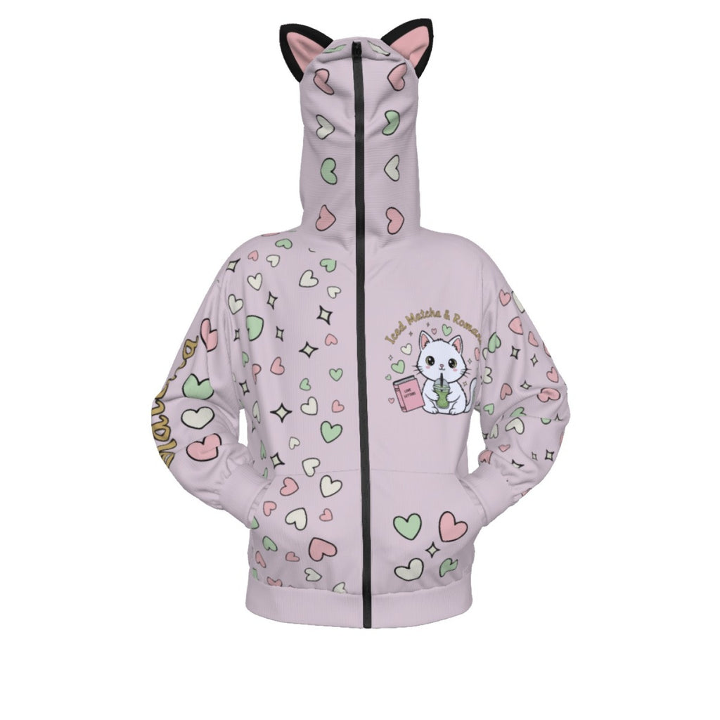Matcha Reading Cat Ear Zip-Up Hoodie
