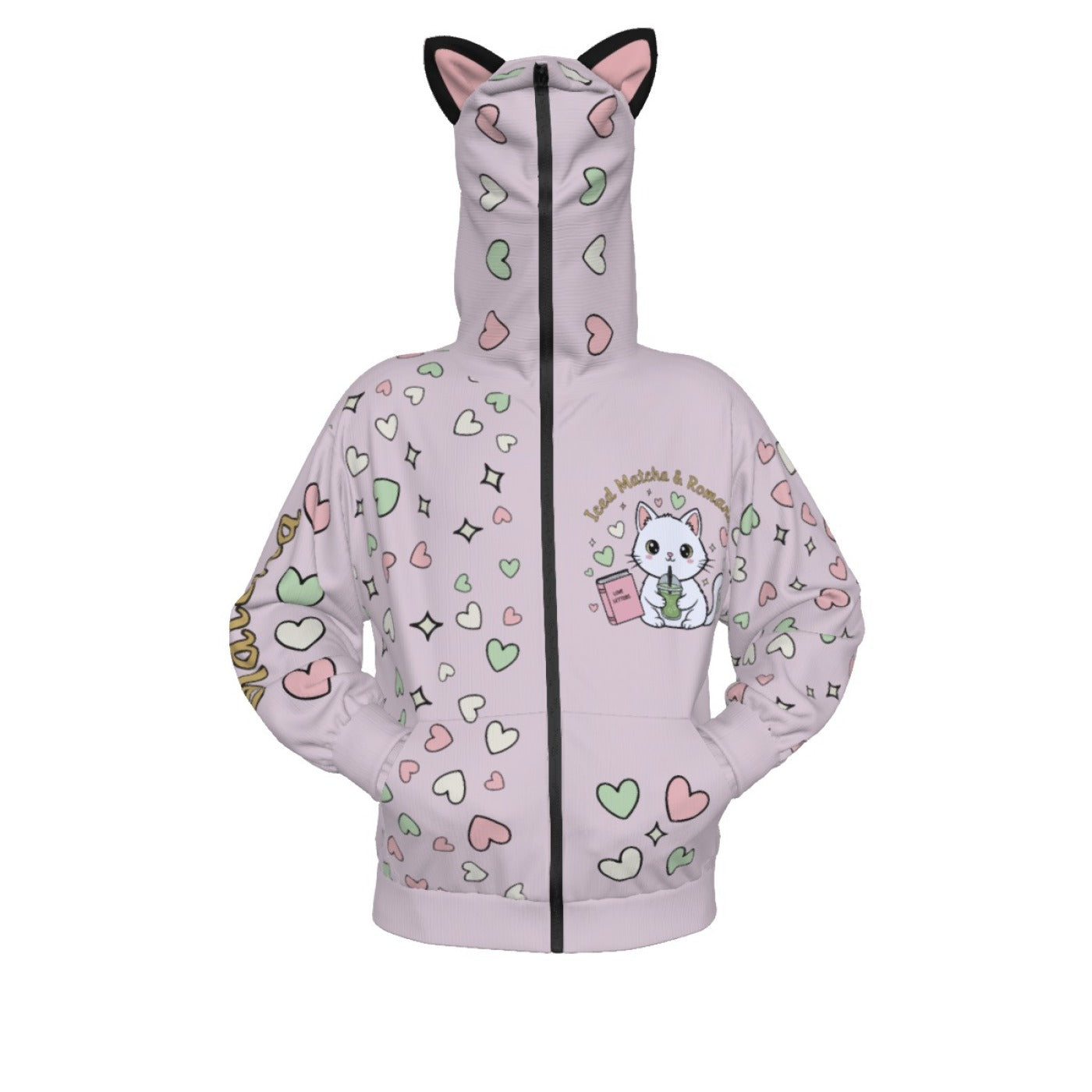 Matcha Reading Cat Ear Zip-Up Hoodie